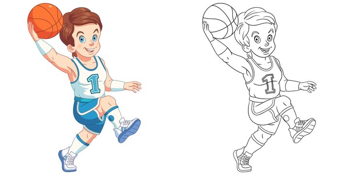 Coloring page with boy playing basketball. Line art drawing for kids activity coloring book. Colorful clip art. Vector illustration.