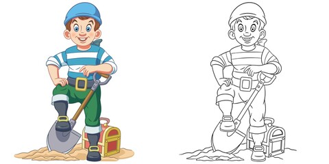 Coloring page with pirate. Line art drawing for kids activity coloring book. Colorful clip art. Vector illustration.