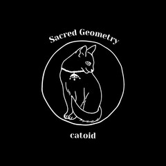 White line art witchcraft and magic print with a cat inside sphere and text sacred geometry on a black background. Vector esoteric drawing.