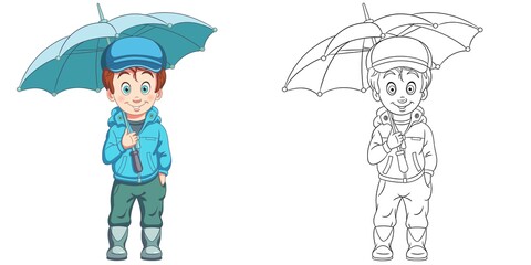 Coloring page with boy under umbrella. Line art drawing for kids activity coloring book. Colorful clip art. Vector illustration.