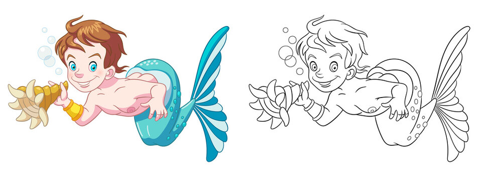 Coloring page with mermaid boy. Line art drawing for kids activity coloring book. Colorful clip art. Vector illustration.