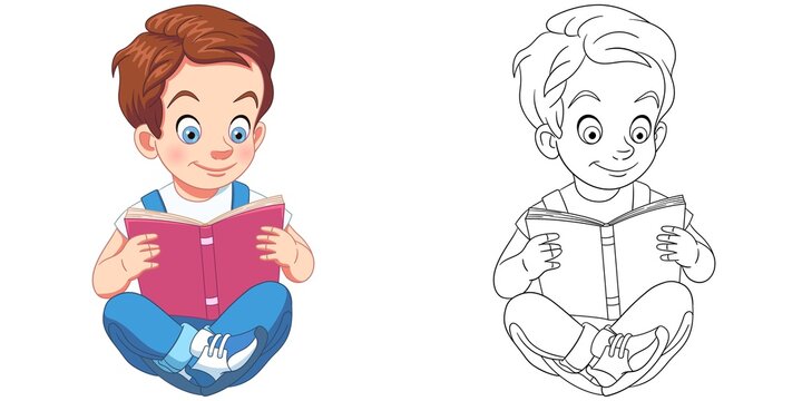 Coloring page with boy reading. Line art drawing for kids activity coloring book. Colorful clip art. Vector illustration.