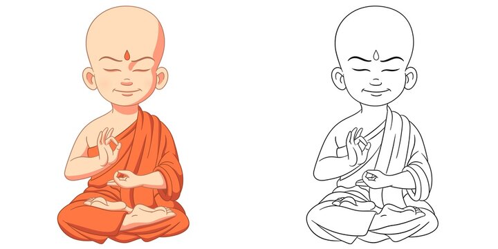Coloring page with buddha boy. Line art drawing for kids activity coloring book. Colorful clip art. Vector illustration.