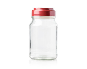 Blank coffee glass bottle with pink red lid isolated on white background with clipping path.