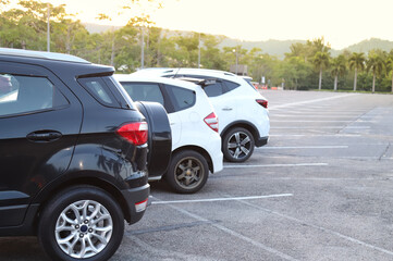 Closeup of rear or back side of black car and other cars parking in outdoor parking lot with natural background in twilight evening. 