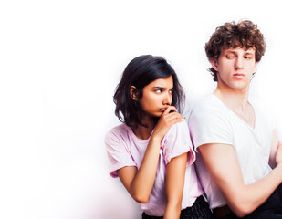 Fototapeta premium best friends teenage girl and boy together having fun, posing emotional on white background, couple happy smiling, lifestyle people concept, blond and brunette multi nations