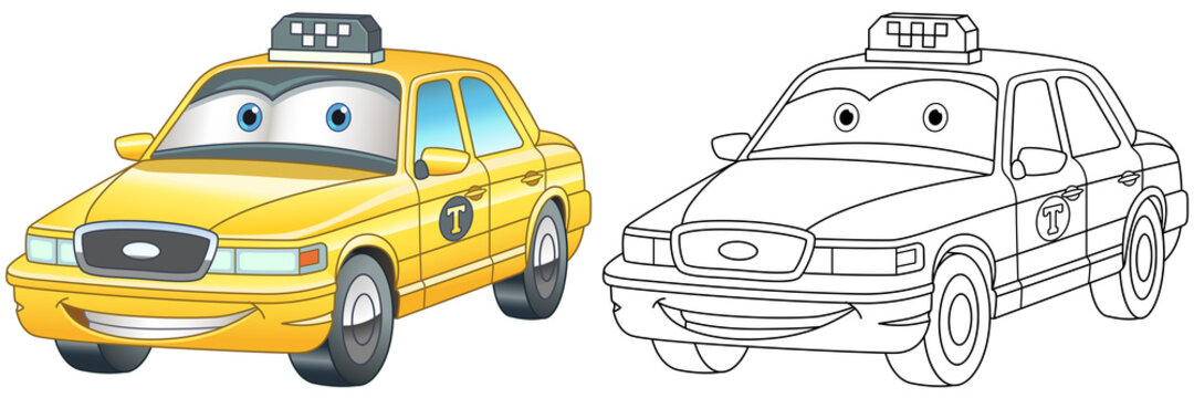 Coloring page with taxi car. Line art drawing for kids activity coloring book. Colorful clip art. Vector illustration.