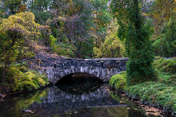 Fototapeta na wymiar An old stone bridge in deep forest landscape in fall season. Reflection of the bridge in calm water with leaves