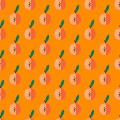 Bright summer seamless food pattern with apples. Vegetarian fruit orange palette print.