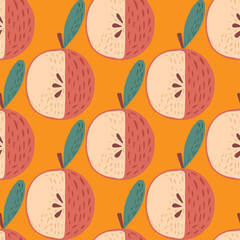 Cartoon doodle seamless apple pattern. Fruit ornament in pink tones on bright orange background.