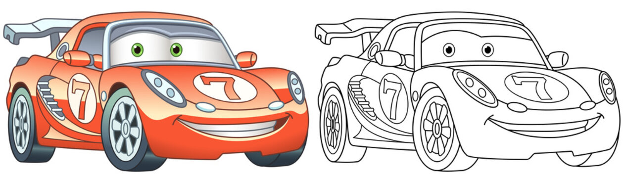 Coloring page with sport car. Line art drawing for kids activity coloring book. Colorful clip art. Vector illustration.