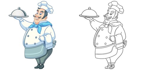 Coloring page with chief cook. Line art drawing for kids activity coloring book. Colorful clip art. Vector illustration.