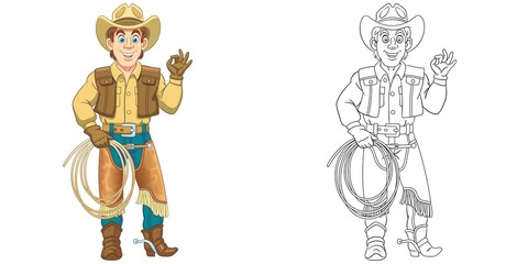 Coloring page with cowboy. Line art drawing for kids activity coloring book. Colorful clip art. Vector illustration.