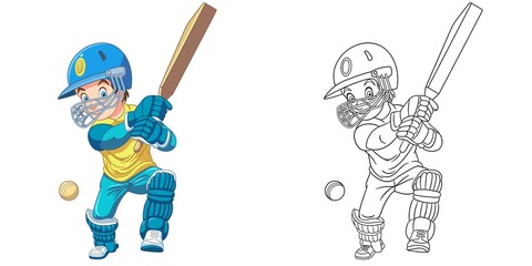 Coloring page with boy playing cricket. Line art drawing for kids activity coloring book. Colorful clip art. Vector illustration.