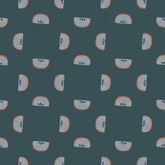 Little abstract apple slices silhouettes seamless pattern. Navy blue pale background.