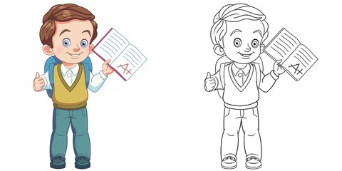 Coloring page with schoolboy. Line art drawing for kids activity coloring book. Colorful clip art. Vector illustration.