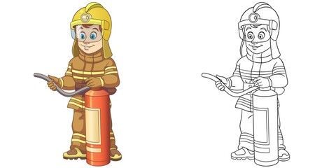 Coloring page with fireman. Line art drawing for kids activity coloring book. Colorful clip art. Vector illustration.