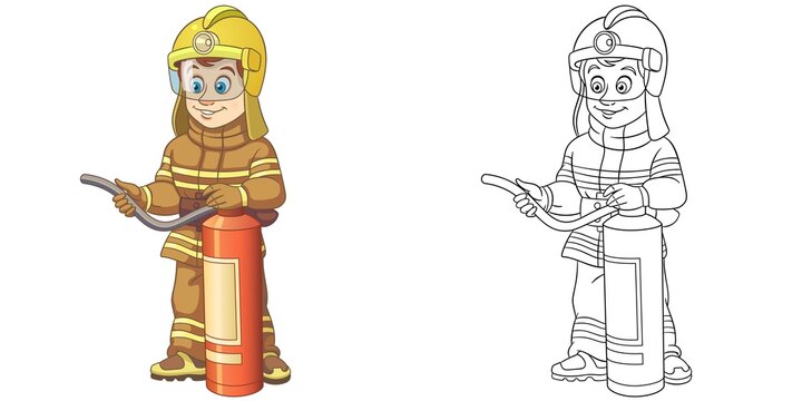 Coloring page with fireman. Line art drawing for kids activity coloring book. Colorful clip art. Vector illustration.