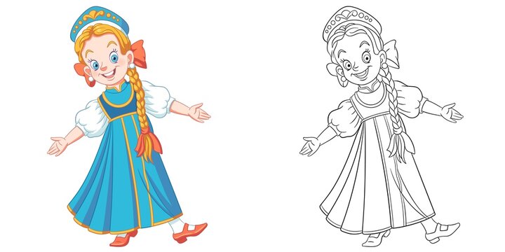 Coloring page with Russian girl dancing. Line art drawing for kids activity coloring book. Colorful clip art. Vector illustration.