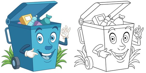 Coloring page with trash can. Line art drawing for kids activity coloring book. Colorful clip art. Vector illustration.