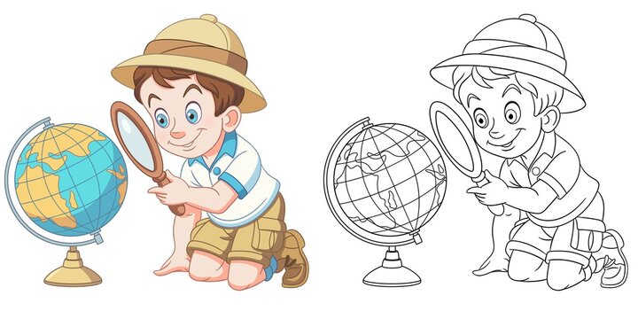 Coloring page with boy studying earth globe. Line art drawing for kids activity coloring book. Colorful clip art. Vector illustration.