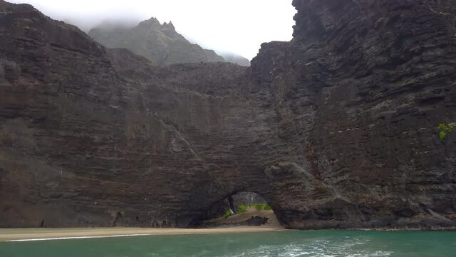 4K stationary hand held motion of cave on the Na Pali coastline cliffs, the island of Kauai is the oldest Hawaiian Island with much volcanic mountainous geology,Kauai,Hawaii,USA