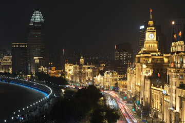 high angle view of the Bund in Shanghai China at night