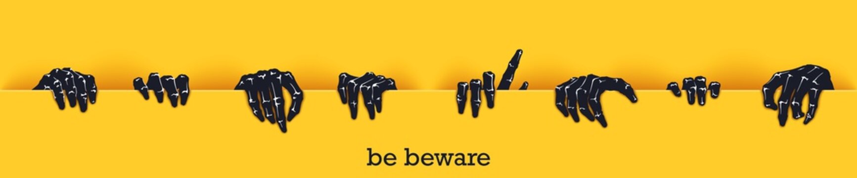 Be beware. Funny poster template for Halloween. Many scaring hands crawl out of the gap. Vector graphics design