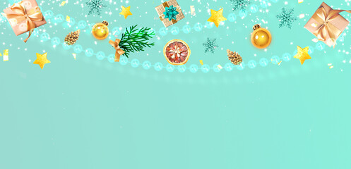 Christmas decoration border,cyan backdrop.New year empty space card.