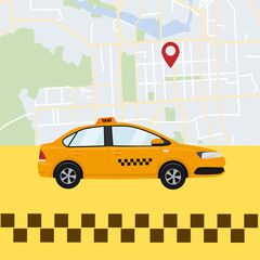 Taxi call service. Taxi car on the background of a city map with an address label. Vector illustration