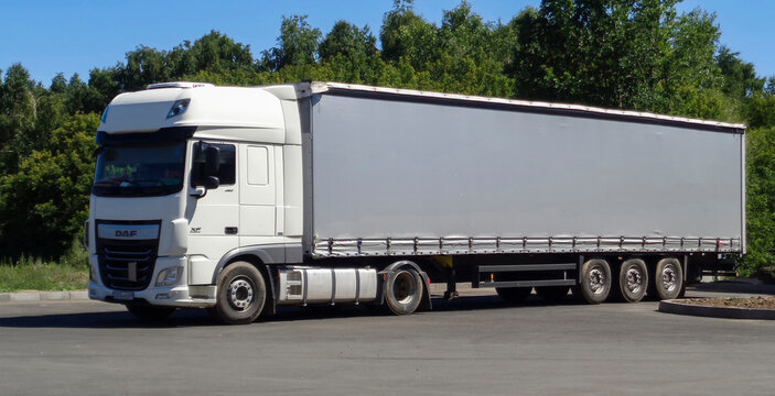 Kazakhstan, Ust-Kamenogorsk, june 22, 2020: DAF XF truck with Semi-trailer. White truck