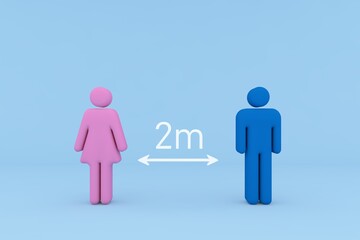 3D Render: Female and male representation of two people, standing at a safe distance from each other due to the Coronavirus Pandemic. People in pink and dark blue, background in Blue.