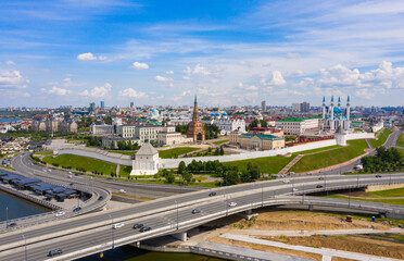 Fototapeta premium Old town, historical center with Kazan Kremlin and Suyumbike Tower, Panoramic view of the city on a sunny summer day. Russian Federation.
