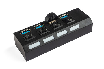 USB 3.0 hub with four connectors and inserted flash drive, on a white background