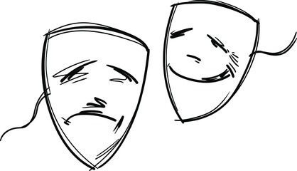 Two theatrical comedy and tragedy masks casually drawn in outline doodle form on white background