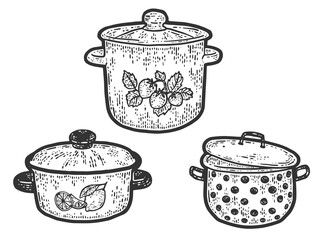 Three stock pot of different sizes and designs. Engraving raster illustration.