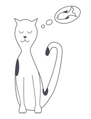 Cat dreams of fish that he wants to eat, vector illustration.