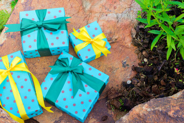 Group of Handmade gift box on texture of stone with green leaves.