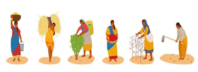 Vector Set Of Indiam Women Working. Harvesting Cotton, Chili Pepper, Corn, Wheat, Picking Tea Leaves, Plowing. Traditional Agriculture. Isolated On White.
