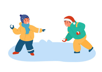 Two Smiling Boys Playing Snowball Fight Outdoors. Flat Vector Illustration. Isolated On White.