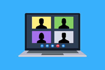 Online video conference on a laptop screen. Working from home concept. Flat illustration