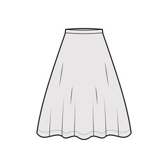 Skirt flared skater technical fashion illustration with knee lengths, A-line fullness, thin waistband . Flat bottom apparel template front, grey color style. Women, men, unisex CAD mockup