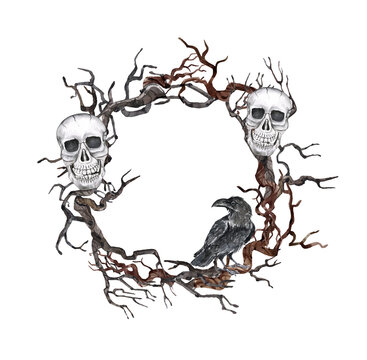 Halloween wreath in vintage style with hand painted watercolor creepy skull and black raven. Dead tree branches frame for 31 of October holiday cards, decorations, banners.