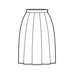 Skirt box pleat technical fashion illustration with below-the-knee silhouette, thin waistband, side zipper. Flat bottom template front, white color style. Women, men, unisex CAD mockup