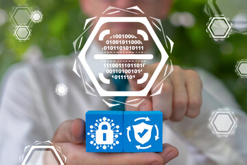 Businessman presents a concept of cyber security and personal access by showing a cube with a fingerprint converted to a digital code. Secure identification electronic cyber data protection.