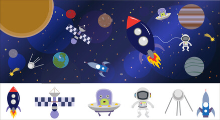 Cartoon space illustration with a rocket, astronaut, planets and aliens. Bright cute, children s vector drawing about spaceships, flying saucers and shuttles. Space with Saturn, Jupiter and stars © olga