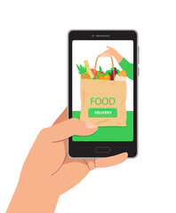 Order and deliver products via the app on your phone. Editable vector illustration in bright colors.