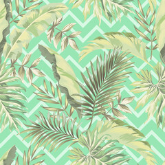 Obraz premium Tropical vector pattern with hibiscus, orchid, palm leaves.Exotic style. Seamless botanical print for textile, print, fabric on dark background 