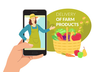 Delivery of organic farm products. Farm vegetables and fruits. Vector flat trend illustration on white background.