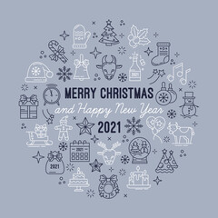 2021 Happy New year, Merry Christmas. Holiday postcard or banner concept with an outline icons set. Chinese year of the Ox. Vector circle illustration on blue background
